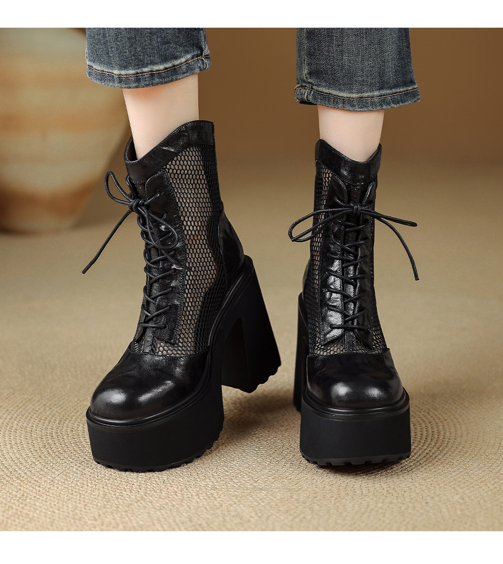 Boot nữ cao gót siêu cao đế platform khoét lỗ phối lưới thoáng khí — màu đen