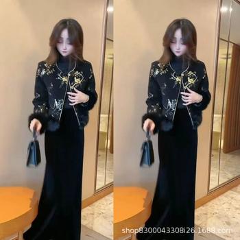 New Chinese Style Two-Piece Set for Women 2025 Winter New Trendy Cotton Jacket Slimming Fishtail Skirt Fashion Set