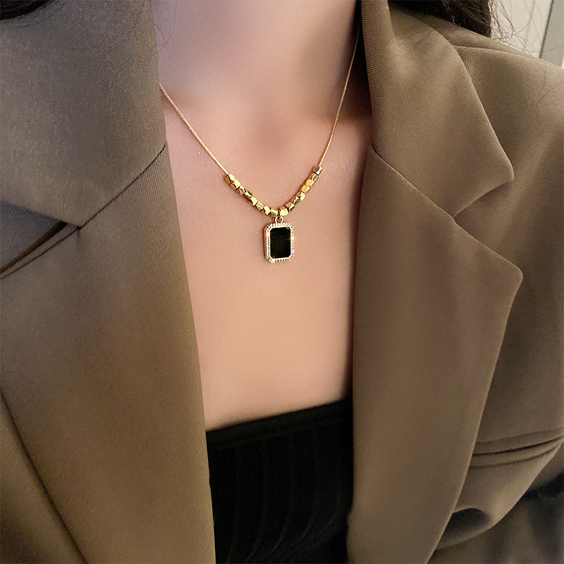 Titanium Steel Chain Plated 18K Gold Pendant Necklace Black Brand Square New Female Niche Collarbone Chain Accessories Factory Outlet