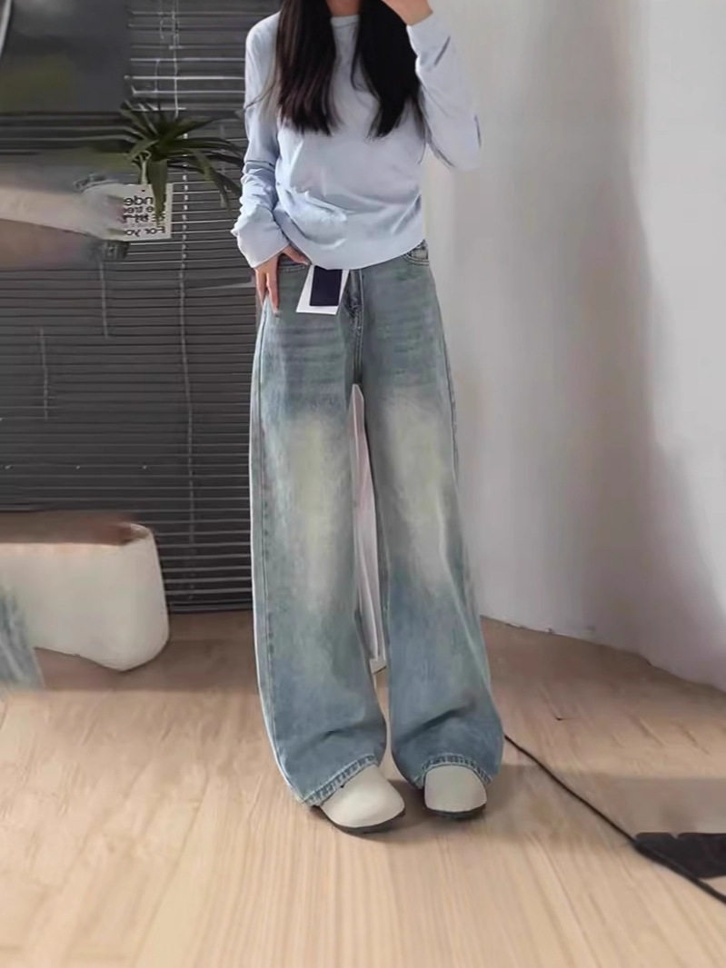 Plus-Size Wide-Leg New Loose Women's Autumn Floor-Length Drape Straight Pants for Curvy Women, Petite High-Waisted Jeans