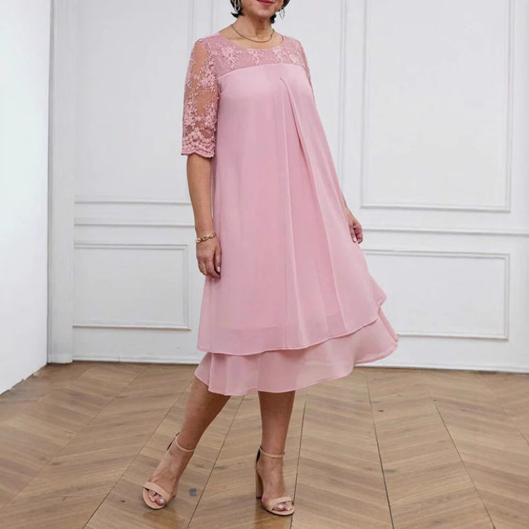 Elegant Solid Color Lace Dress with Half Sleeves Round Neck Floral Trim Autumn Fashion Wholesale Available