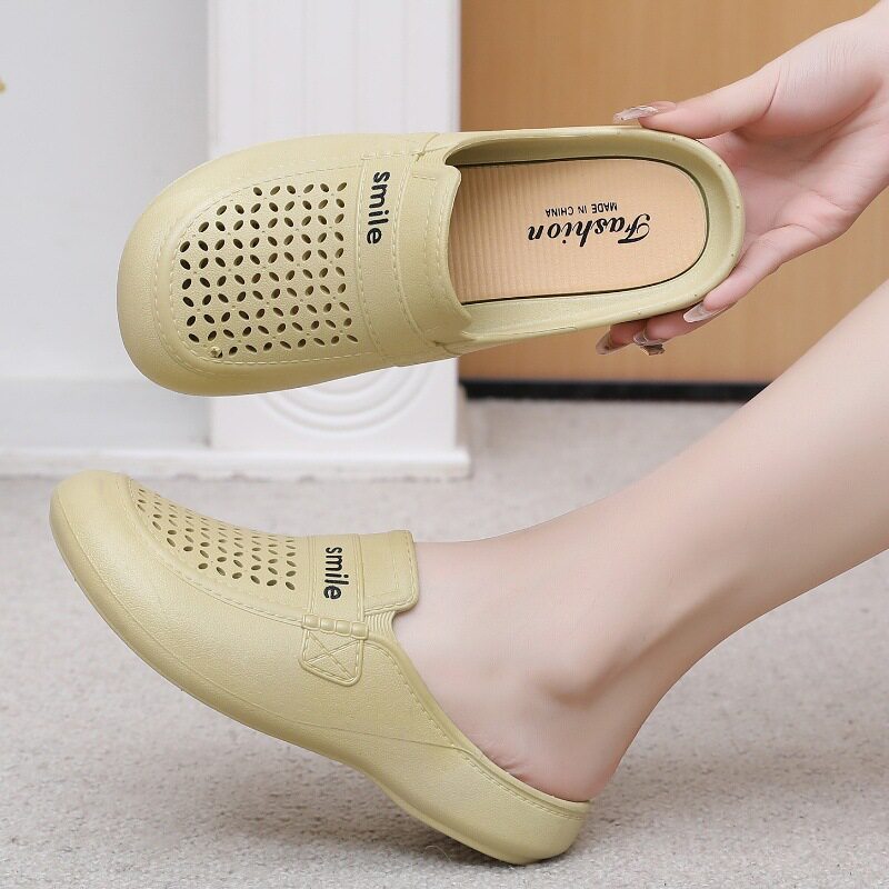 New Flat Non-Slip Middle-Aged Mom Closed-Toe Slippers, Faux Leather Mid-Heel Clogs for Women