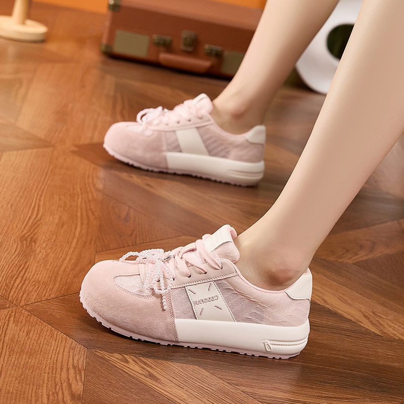 Giày sneaker nữ chạy bộ mesh thoáng đế dày chống trượt gót 3-5 cm — Hình cầu, Bột gạo trắng, Len nguyên chất