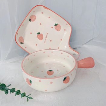 Microwave-Safe Nordic-Style Plate with Handle, Hand-Painted Berry Handle, Ceramic Tableware, Baking Dish, Steamed Egg Bowl, No
