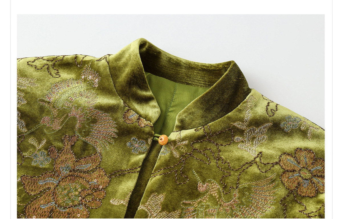 Áo phao nữ cổ cao thêu họa tiết hoa dáng suông — Xanh cỏ [phiên bản cotton]