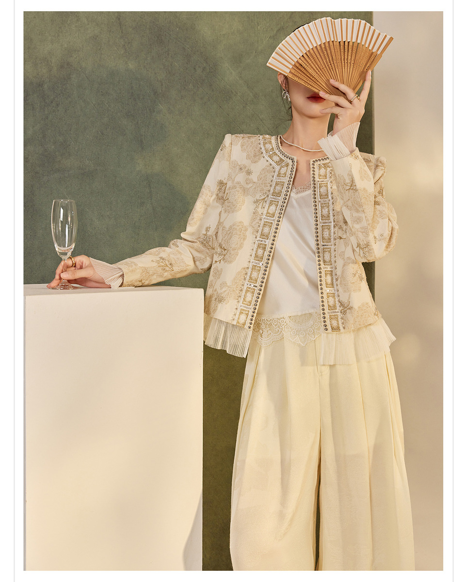 Áo khoác ngắn nữ dáng thanh lịch thêu cườm họa tiết hoa nhún bèo — Vàng Champagne (giao hàng trong 7 ngày), Vàng Champagne (giao hàng trong ngày)