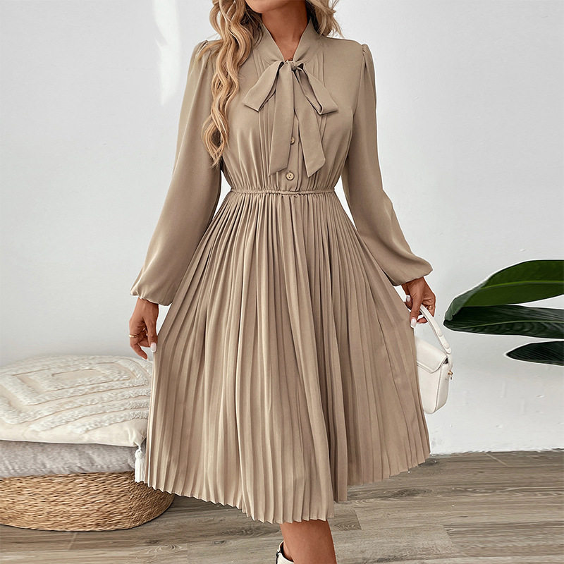Chic Pleated Dress Bow Tie Neck Puff Sleeves Solid Color Office Wear or Casual Events OEM Available