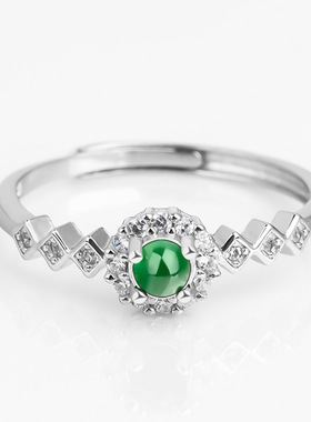 S925银镶嵌天然A货翡翠阳绿冰种玉石戒指时尚指环女款可调节银戒