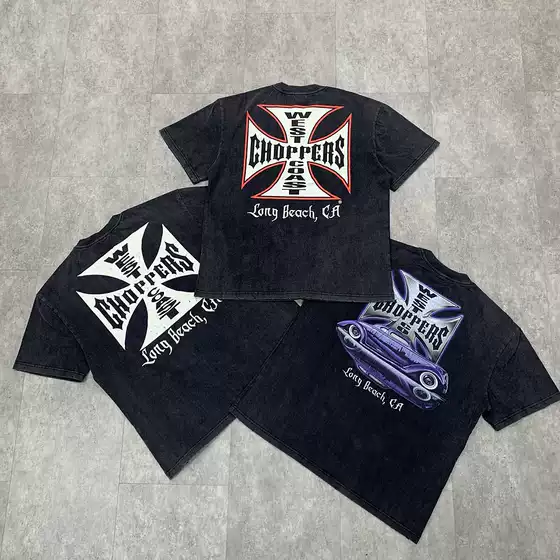 American Style Fashion Brand West Coast choppers Iron Cross Vintage Washed vintage Hole Short Sleeve T-Shirt