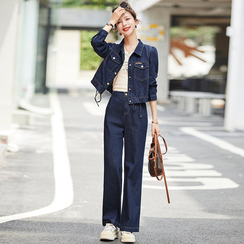 Bộ Quần Áo Nữ Áo Khoác Quần Dài Vải Denim Phong Cách Hàn Quốc Thanh Lịch Màu Xanh Denim