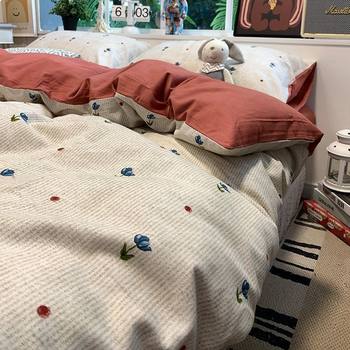 ins fresh princess style simple flower pure cotton bed sheet three-piece thickened bed brushed four-piece set