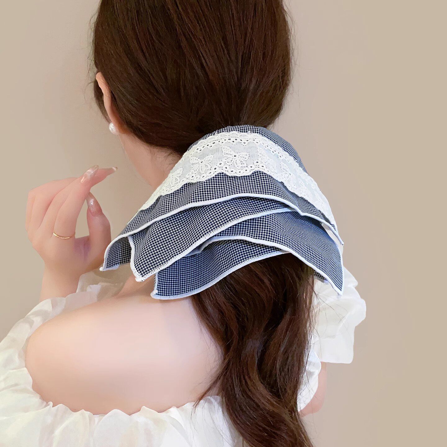 Korean-Style Small Plaid Lace Double-Layer Waistband Scrunchie for Women, Sweet Bun Hair Tie, Low Ponytail Hair Accessory