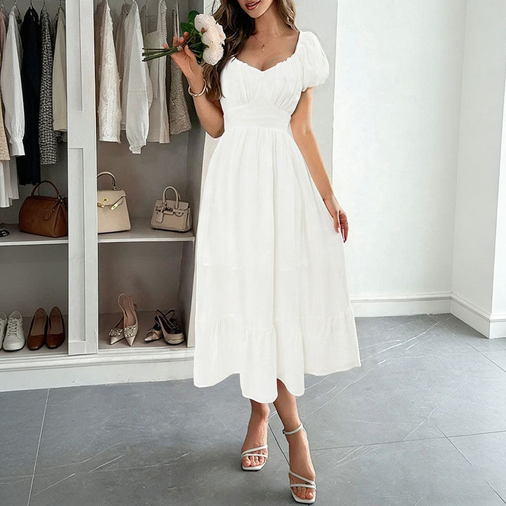 French Vintage Puff Sleeve A Line Midi Dress Waist Defining Flattering Fit Elegant Style Wholesale Available