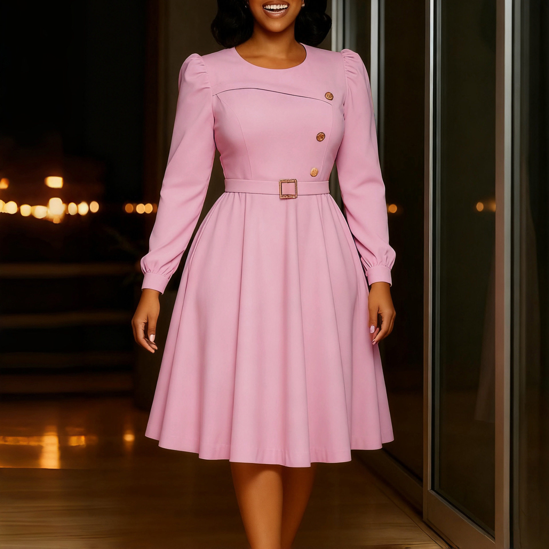 A Line Dress Long Sleeve High Waist Round Neck Solid Color Elegant Party Wear Wholesale Available
