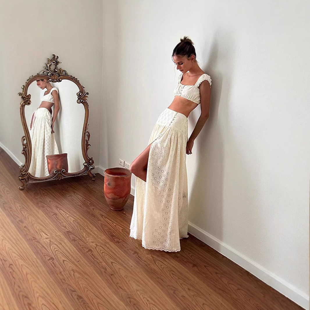 French Style Crop Top and High Waisted Skirt Set Slim Fit Sleeveless Beach Vacation Ready Wholesale Available