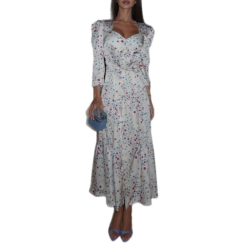Womens Summer Dress Elegant Floral Print Waist Defined French Style Perfect for Parties and Casual Outings