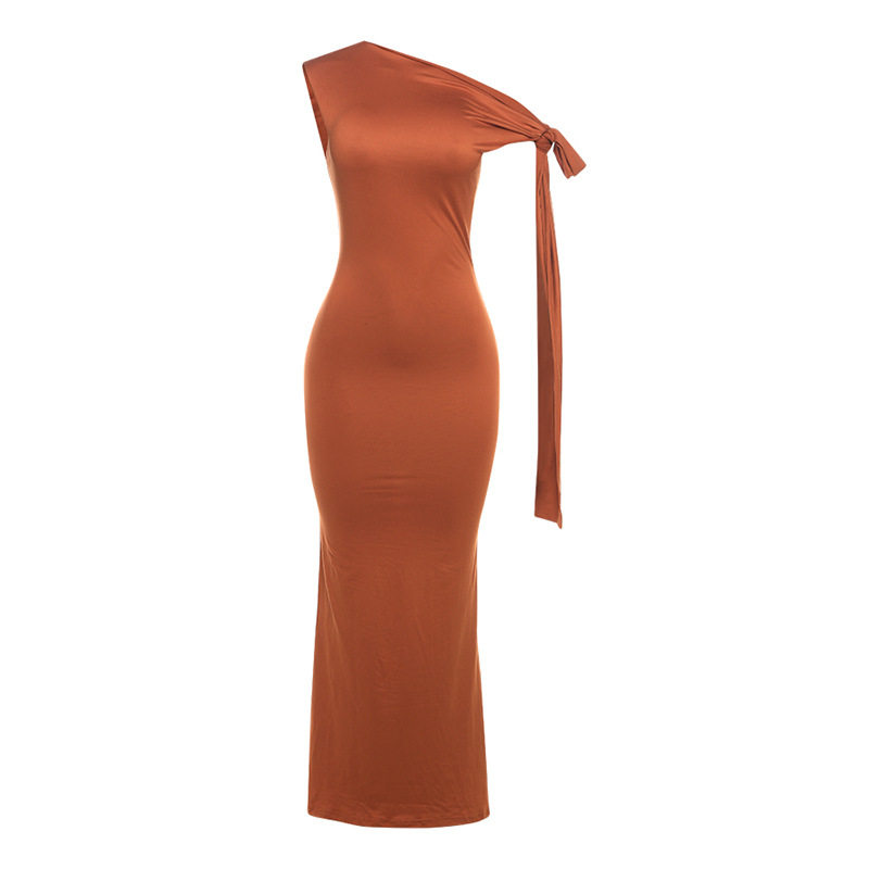 Sleeveless Bodycon Dress Solid Color Comfortable Fit Sexy Asymmetrical Shoulder Spring Summer Casual Wear Wholesale
