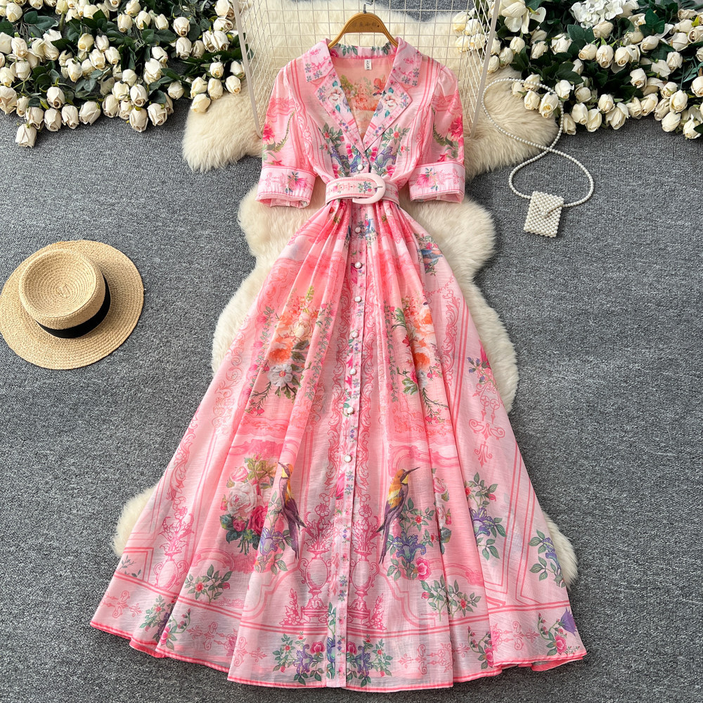 Vintage French Style Short Sleeve Printed Dress for Women V Neck Waist Defined A Line Flowy Skirt Summer Vacation