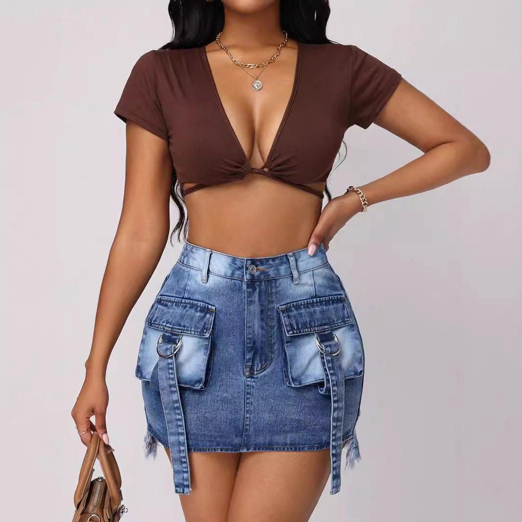 Casual Denim Skirt Stylish Workwear Design Large Pockets Decorative Straps Versatile for Everyday Wear Wholesale