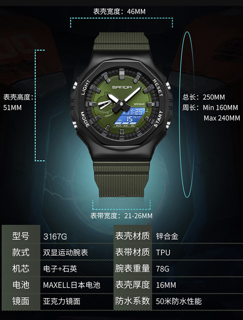 Octagonal Oak Hand-Raising Light Watch Men's Trendy Luminous Fashion Steel Heart Waterproof Sports Alarm Clock Live Explosions 9 O1CN017bFRmx1qpfBLxSqtf !!2206469685545 0 cib