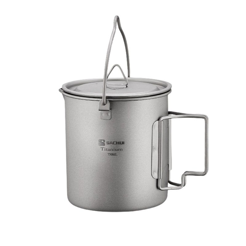 Outdoor Pure Titanium Cup Hanging Pot Foldableing Handle Travel Camping Pot Single Lunch Box with Lid 750ml Instant Noodles Lightweight