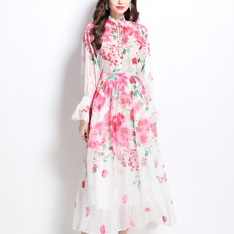 Chic Lantern Sleeve Printed Chiffon Top with Tie High Waist Flowing A Line Skirt Set Elegant for Parties and Events