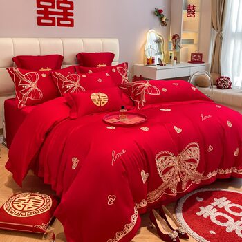 Wedding Four-piece Cotton Big Red Wedding Bed Sheet Quilt Cover Cotton High-end Accompanying Wedding Room Bedding