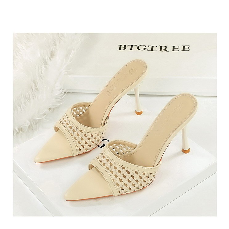 Sandal cao gót nữ mũi nhọn hở ngón quai dệt phối đồ thời trang — Màu bạc, Màu be, màu đen, Màu trắng