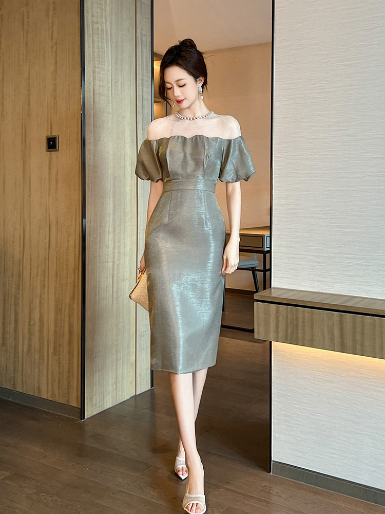 Đầm ôm body nữ tay bồng cổ tròn chất liệu polyester phối lưới — [Vàng kim], [Vàng đồng], [Xám than], [Trắng kem]