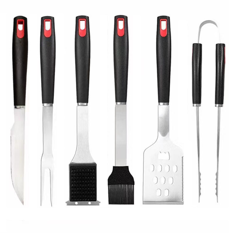 Creative cross-border outdoor Stainless Steel Grill combination suit plastic handle 6-piece barbecue tools household hot