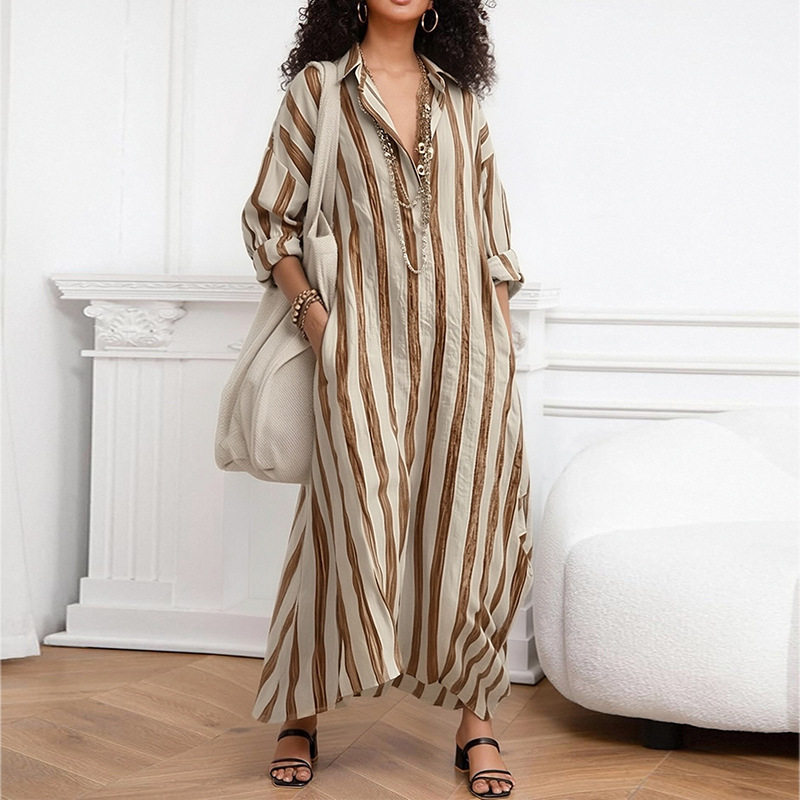 Womens Striped Maxi Dress Fashionable Casual Loose Fit V Neck Spring Summer Collection Wholesale Available