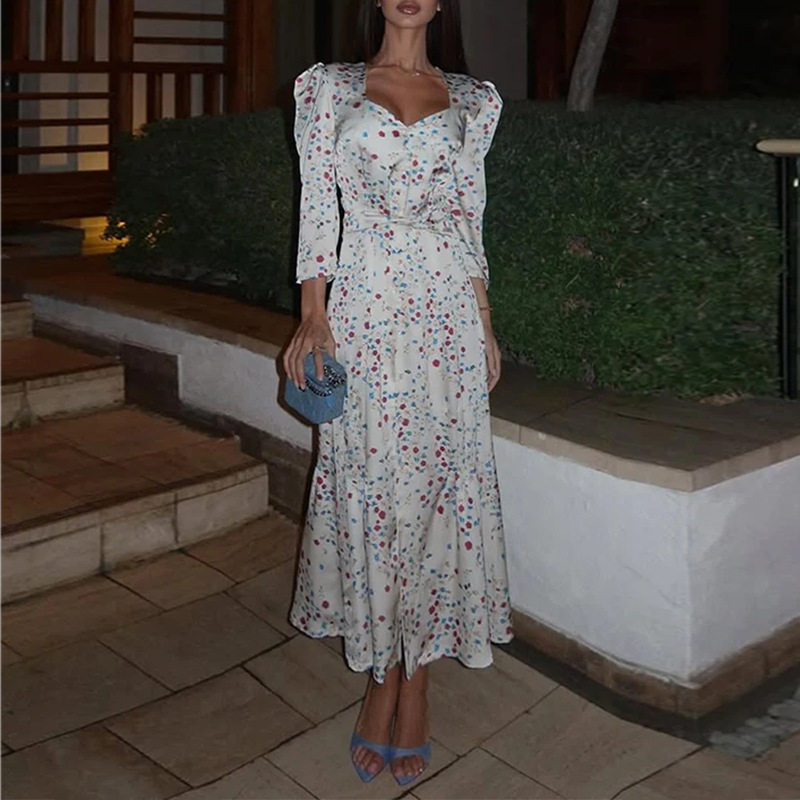 Womens Summer Dress Elegant Floral Print Waist Defined French Style Perfect for Parties and Casual Outings