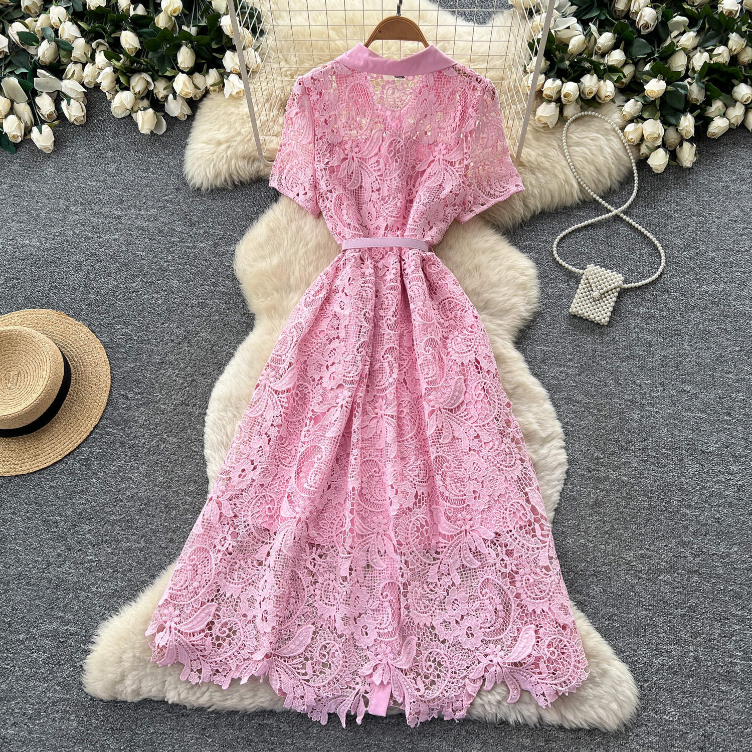 Pink Lace A Line Dress for Women Short Sleeve Collared Waist Defining Elegant Style Perfect for Parties and Special