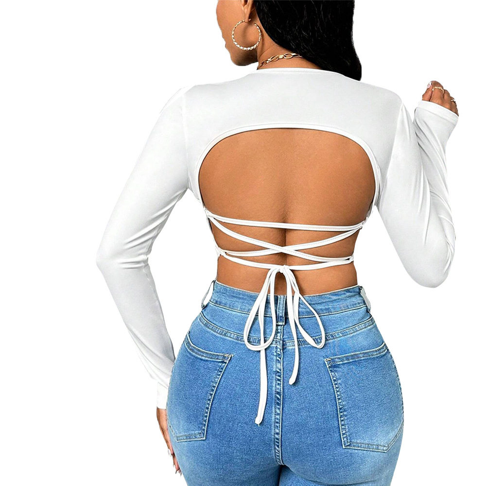 Womens Long Sleeve V Neck T Shirt Sexy Backless Design Slim Fit Elegant Style Spring Summer Collection Wholesale