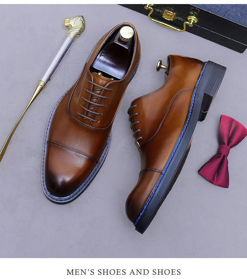 Giày Oxford nam da bò thật mũi tròn buộc dây, giày công sở và giày cưới — Màu nâu (viền xanh), Màu nâu (viền đen), Đen (viền xanh), Đen (viền đen)