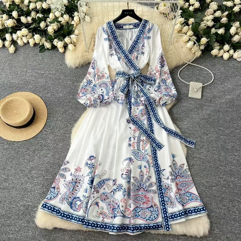 Vintage Floral Print Maxi Dress Cross V Neck Waist Tie Lantern Sleeves Spring Fashion for Women Wholesale Available