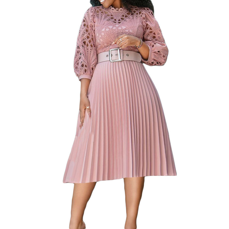 Plus Size Lace Hollow Out Pleated Dress Fashionable Elegant Sexy Perfect for Parties and Special Occasions