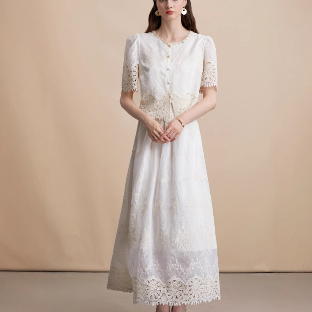 Vintage Ethnic Style Hollow Out Crochet Design Womens Summer Set Short Sleeve Shirt High Waist Slimming Skirt Casual