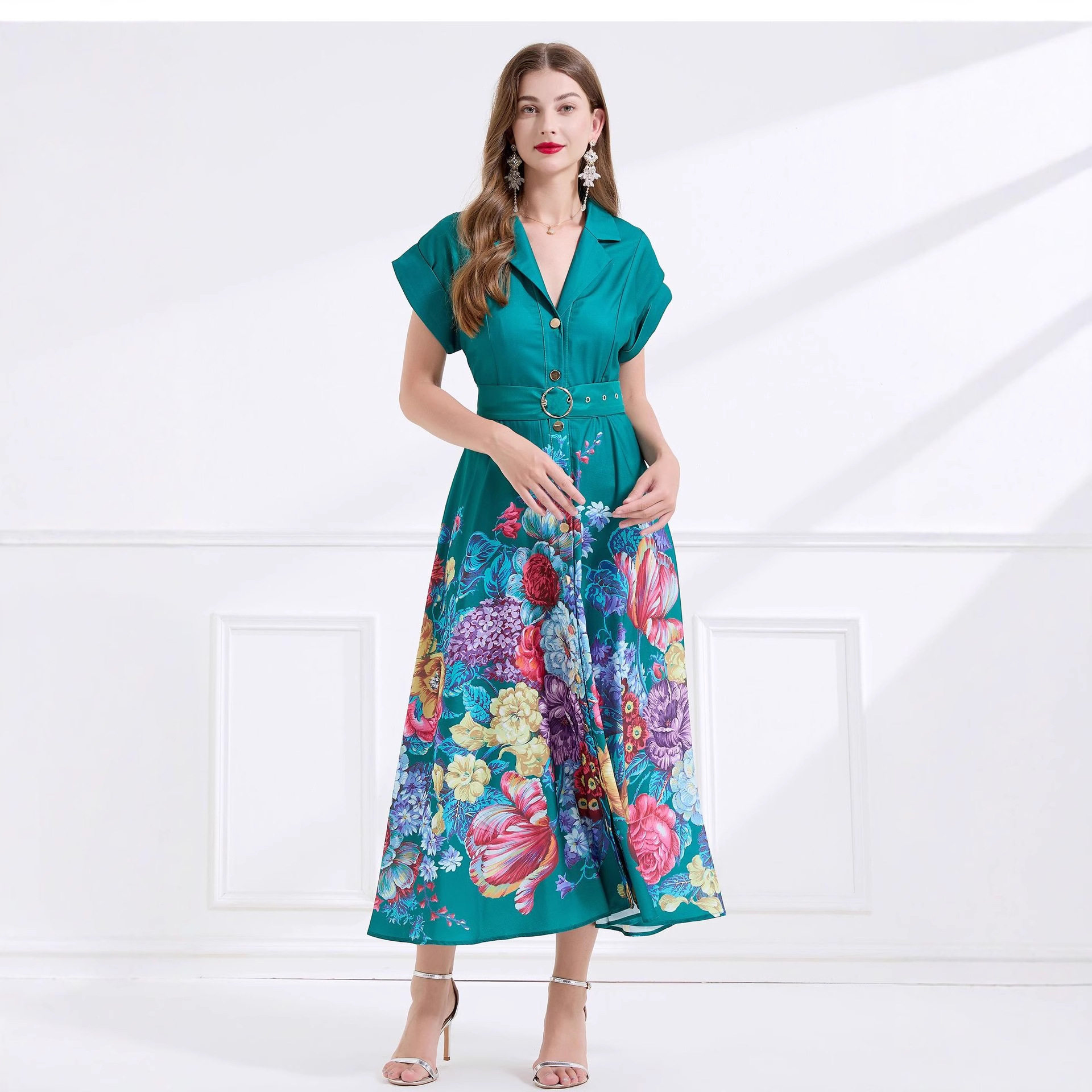 Sleeveless Printed Maxi Dress Elegant Design Suit Collar Flowy Hem Summer Fashion for Women Wholesale Available