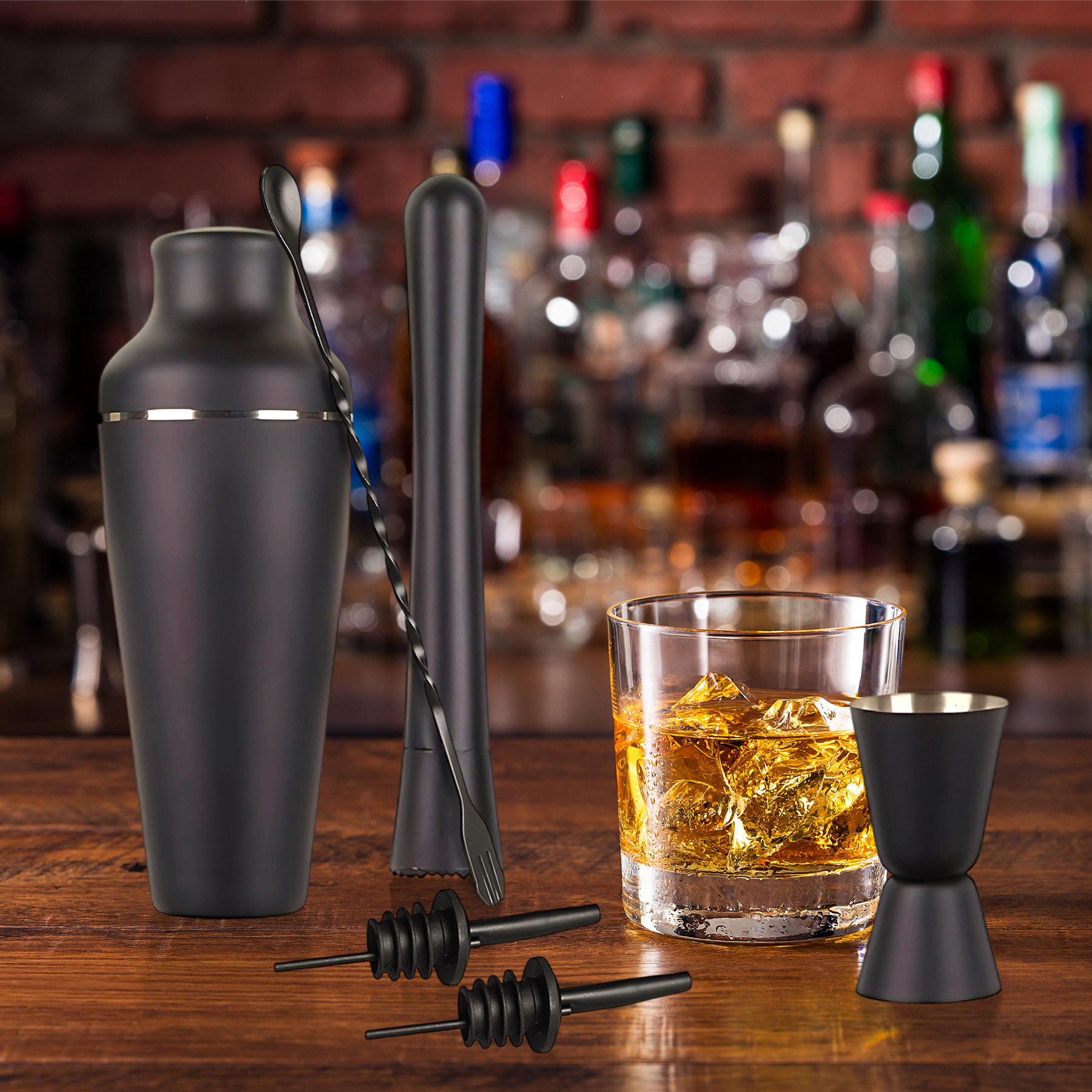 Cross-Border Wine Set Popular Stainless Steel Matte Black Cocktail Shaker 8-Piece Cocktail Bartender Full Tool Set