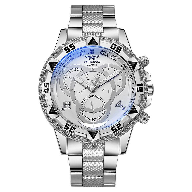 Manufacturer's Wholesale In-Stock Foreign Trade Large Dial Three-Eye Steel Band Watch with Blue Light Glass Men's Wristwatch with Blue Light Mirror