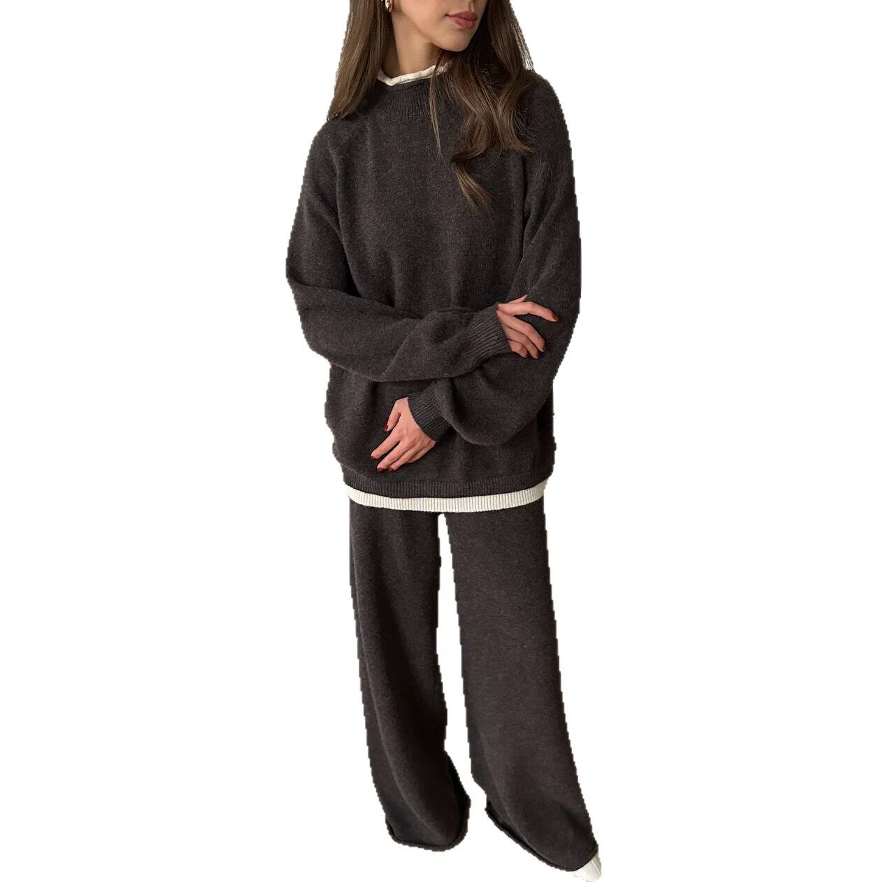 Womens Loose Fit Knit Sweater and Wide Leg Pants Set Wool Blend Casual Style Autumn Winter Collection Wholesale