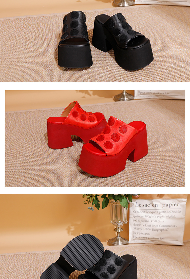 Dép sandal nữ da bò thật đế dày gót cao phong cách tối giản — Màu đen, Màu đỏ