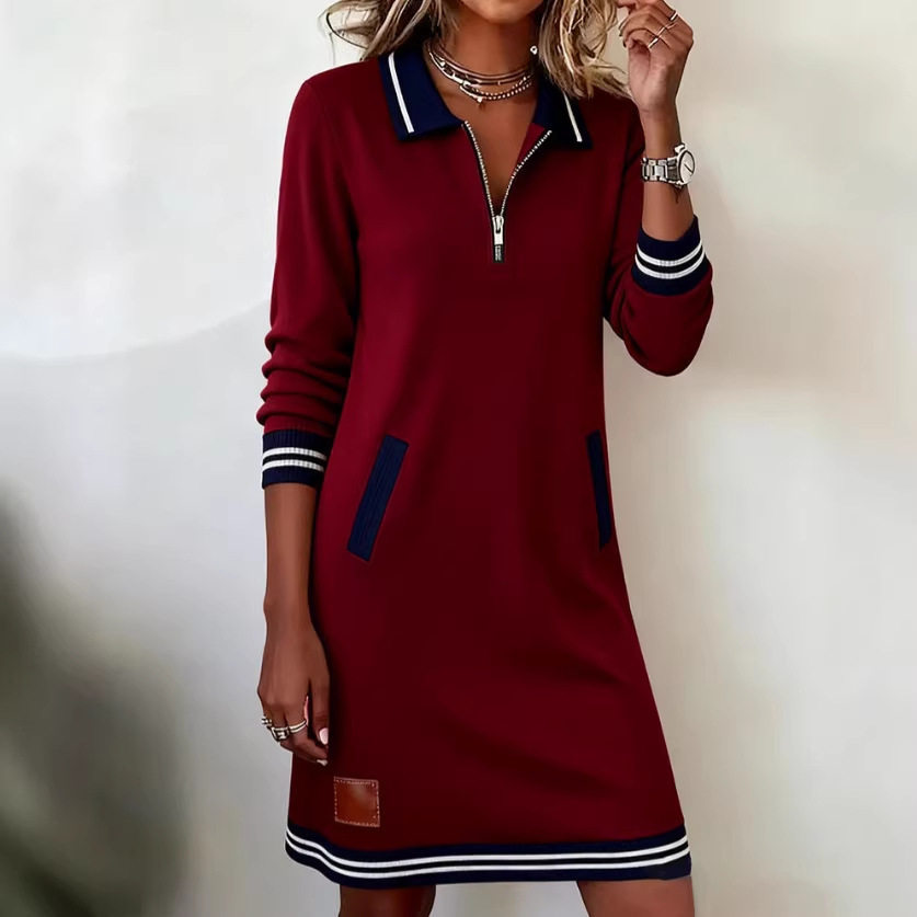 Color Block Long Sleeve Dress Fashionable Lapel Zipper Closure Pocket Design Autumn Collection for Women Wholesale