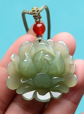 仿和田玉莲花吊坠花开富贵荷花玉佩玻璃玉石项链青莲玉坠女款吊坠