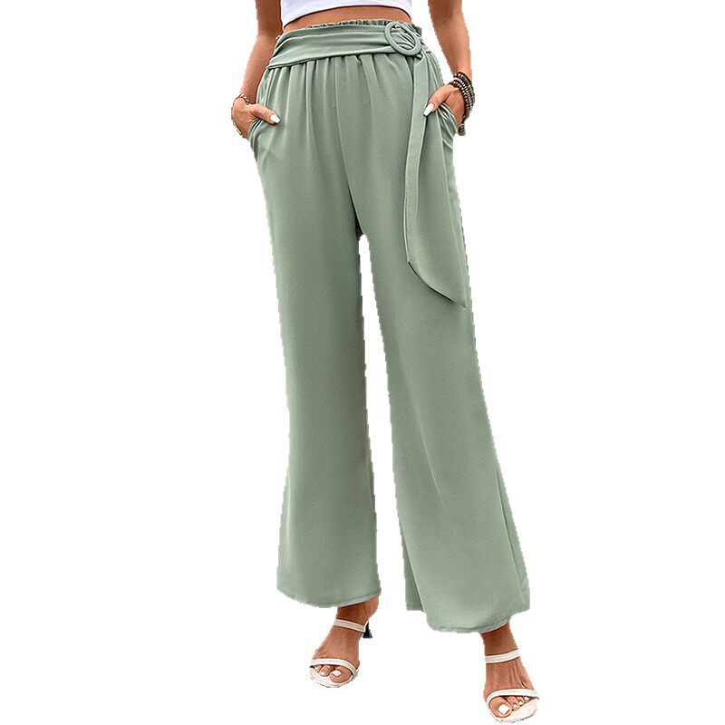 Womens Green Wide Leg Trousers Summer Style Belted Design Comfortable Fit Wholesale Available