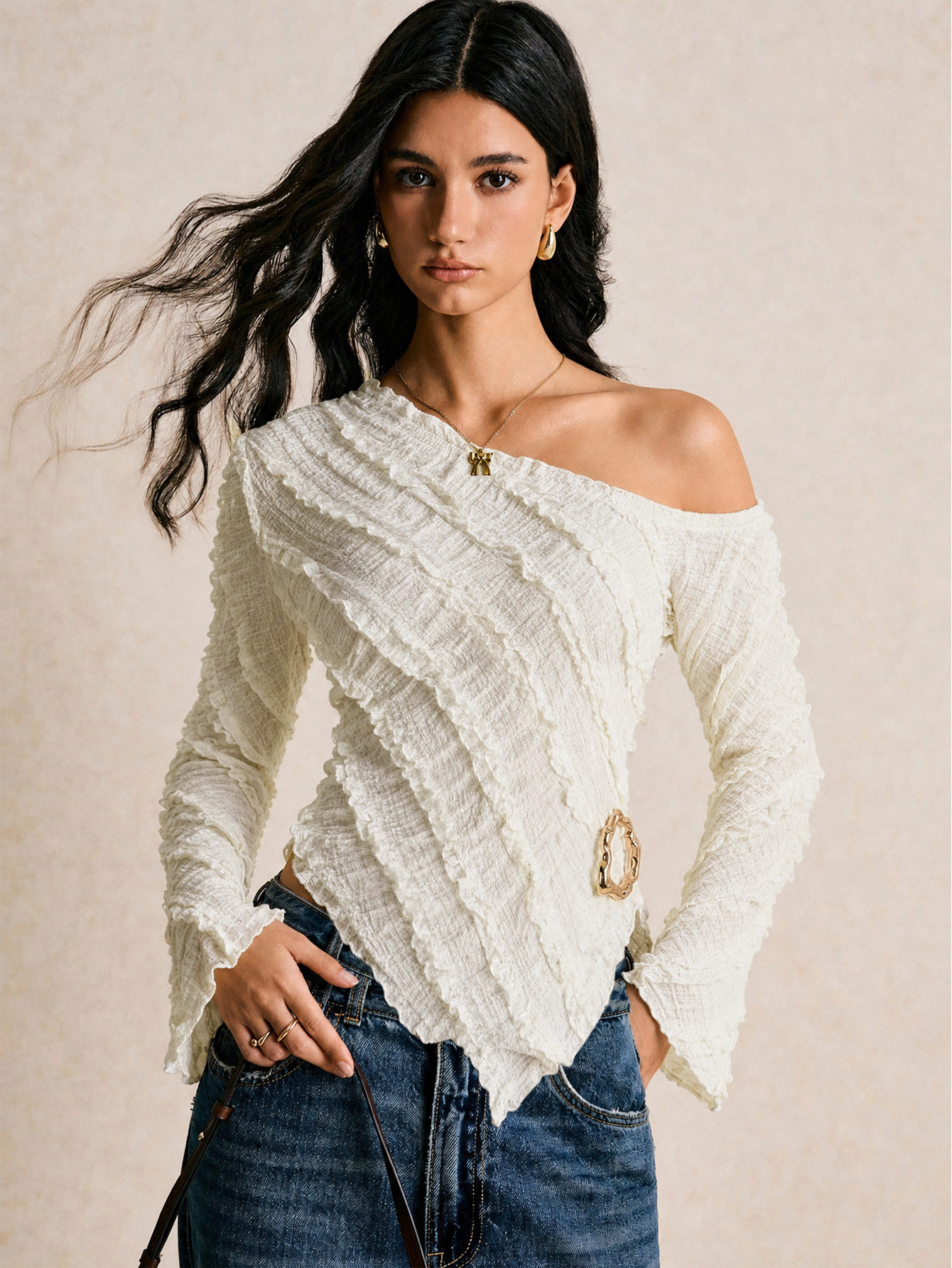 Asymmetrical Hem Long Sleeve T Shirt French Texture Slim Fit Flare Sleeve Stylish Design Casual Wear Wholesale