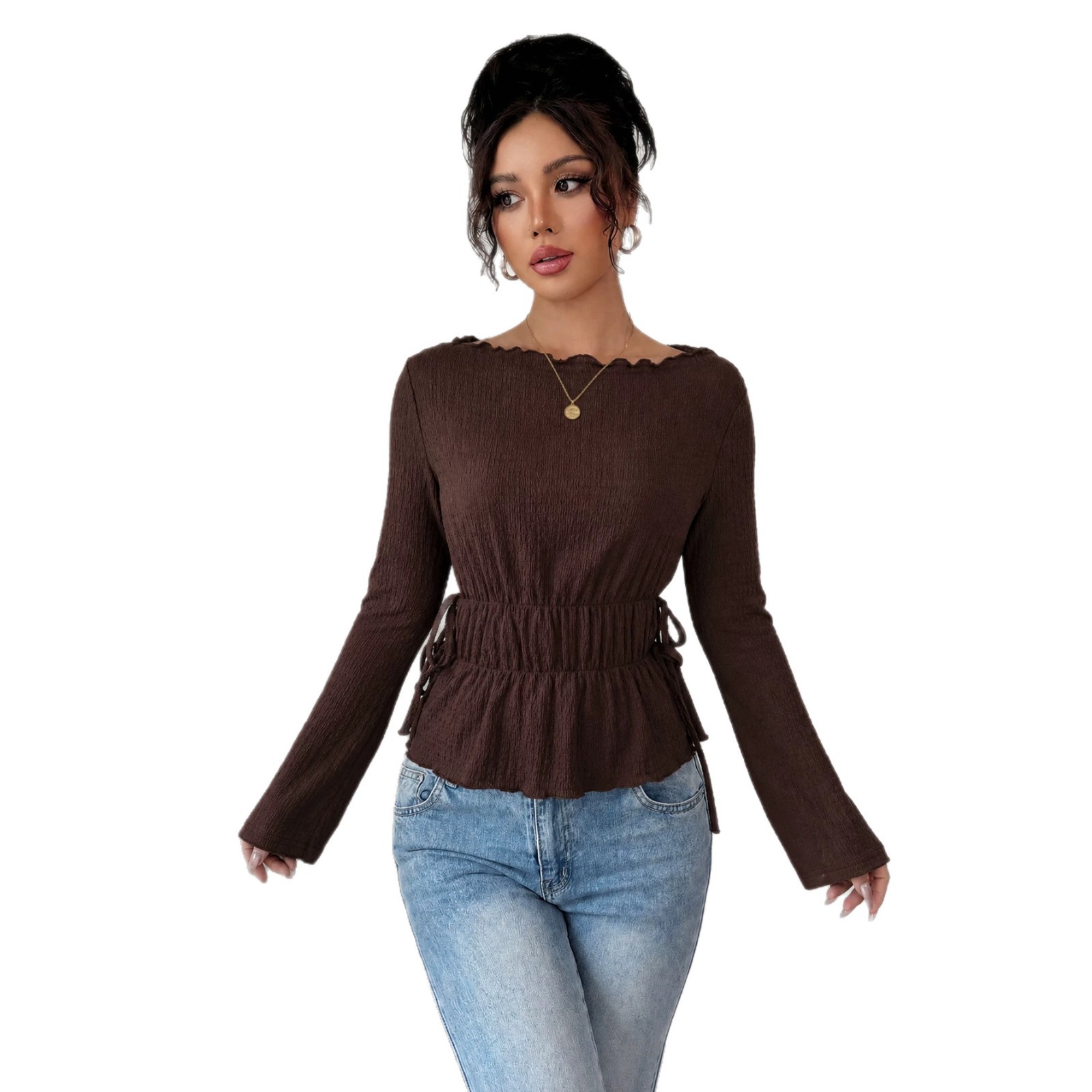 Off Shoulder Long Sleeve Top Textured Fabric Slim Fit Ruffled Hem Fall Winter Fashion Wholesale Available