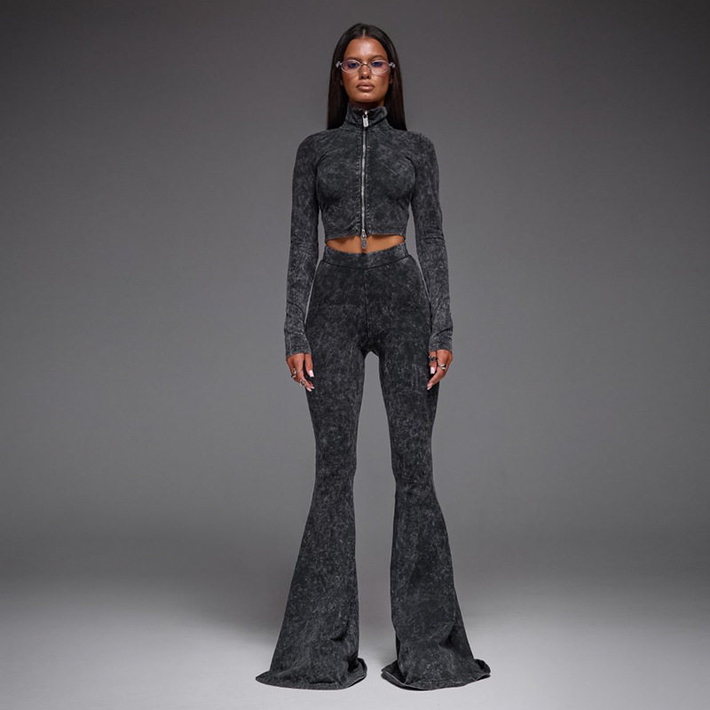 Fashionable Zip Up Crop Top with High Waisted Flare Pants Trendy Design for Casual Outings Wholesale Available