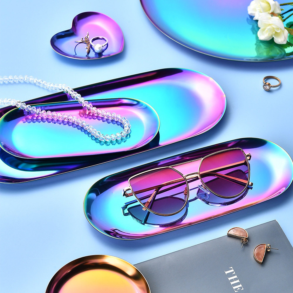Nordic Ins Oval Tray Stainless Steel Golden Oval Tray Jewelry Dim Sum Tray Metal Home Storage Tray